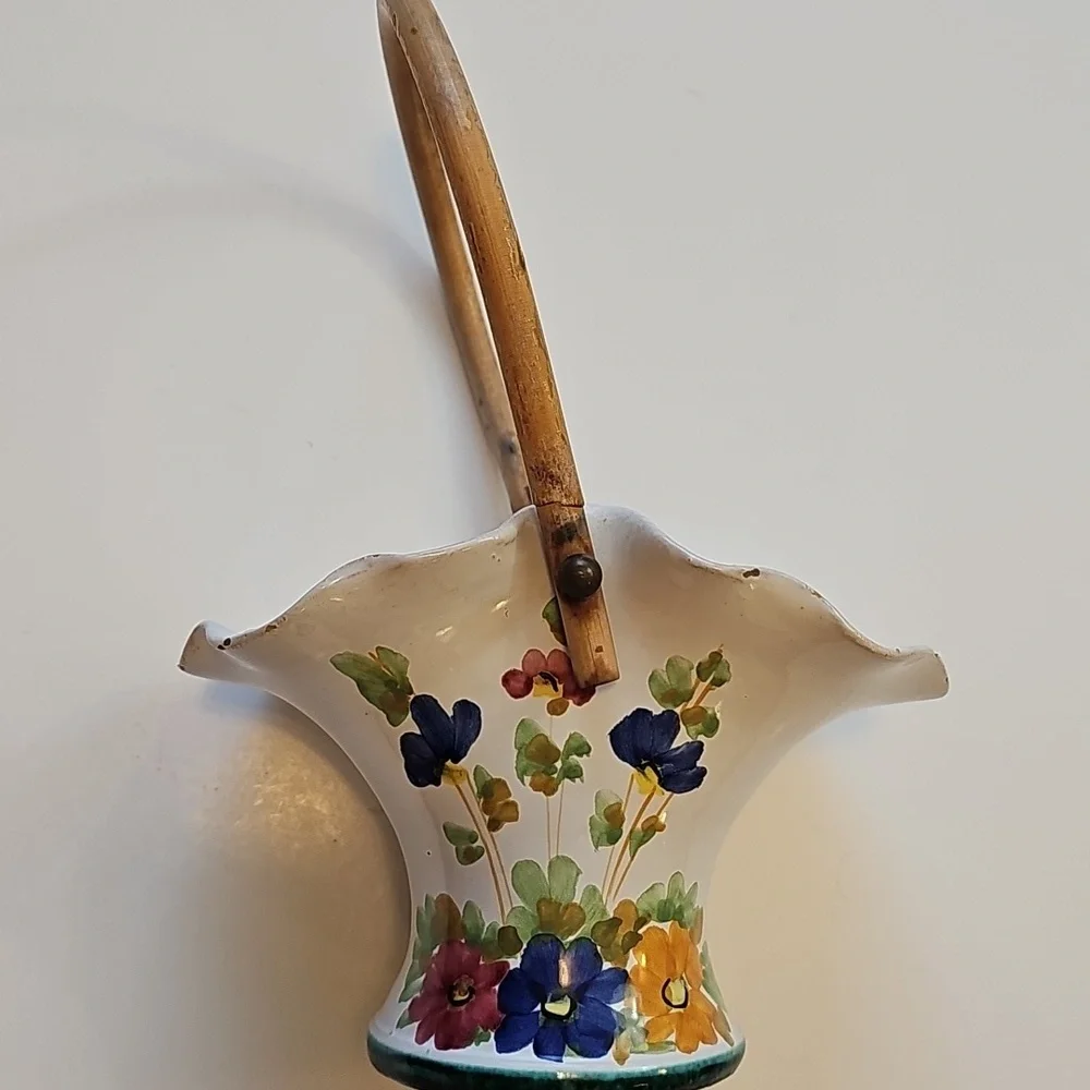 Vintage Hand Painted Italy Made Ceramic Basket with Wicker Bamboo Handle Rustic